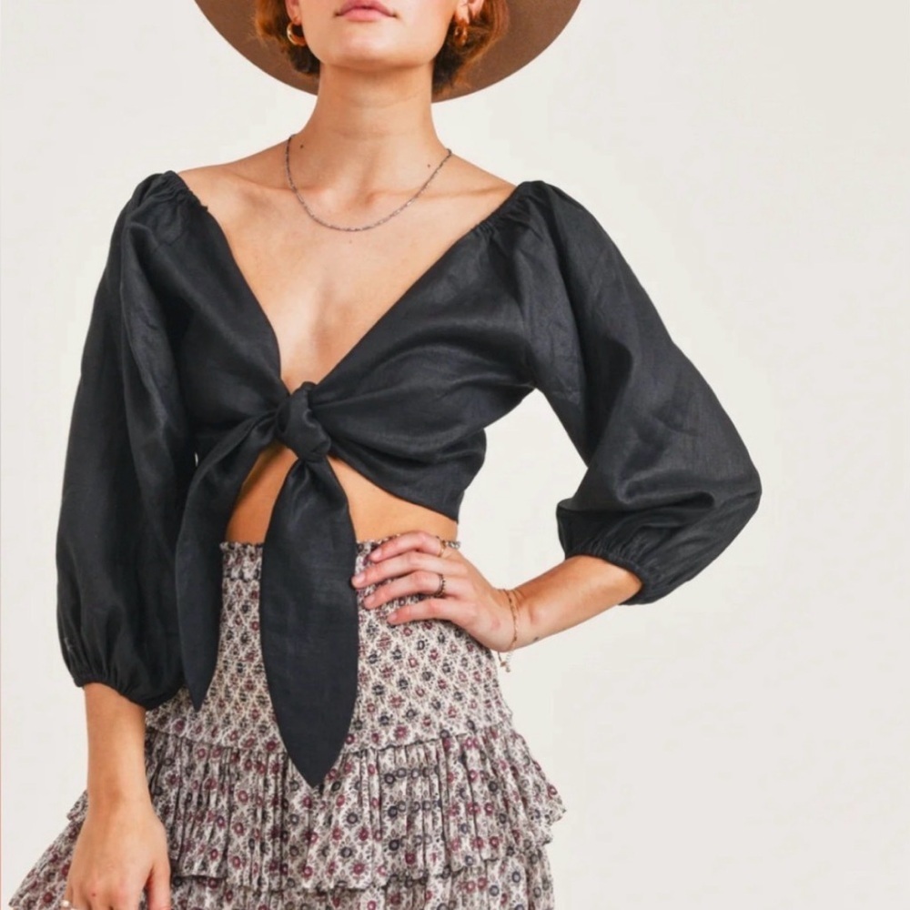 Reset By Jane Malibu Chic Black 100% Linen Tie-Front Blouse NWT, Size Medium